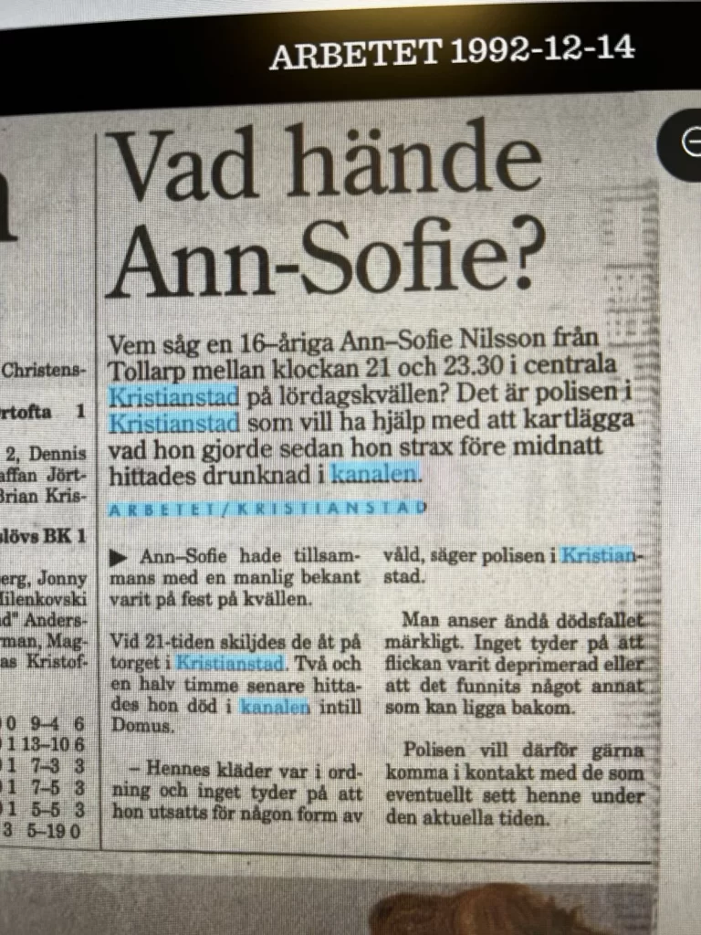 Tidningsartikel om Ann-Sofie publicerad den 14 december 1992.