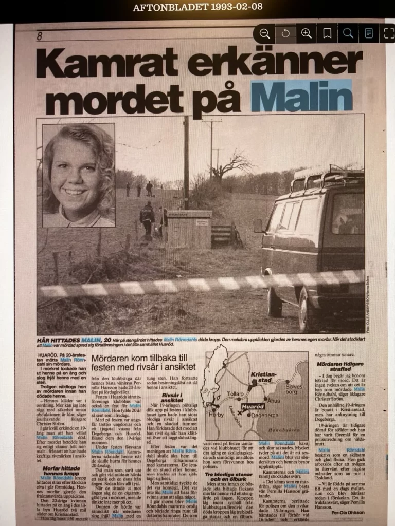 Tidningsartikel om Malins mordutredning publicerad den 8 februari 1993.